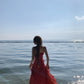 French style beautiful red suspender dress irregular slit long skirt R3865