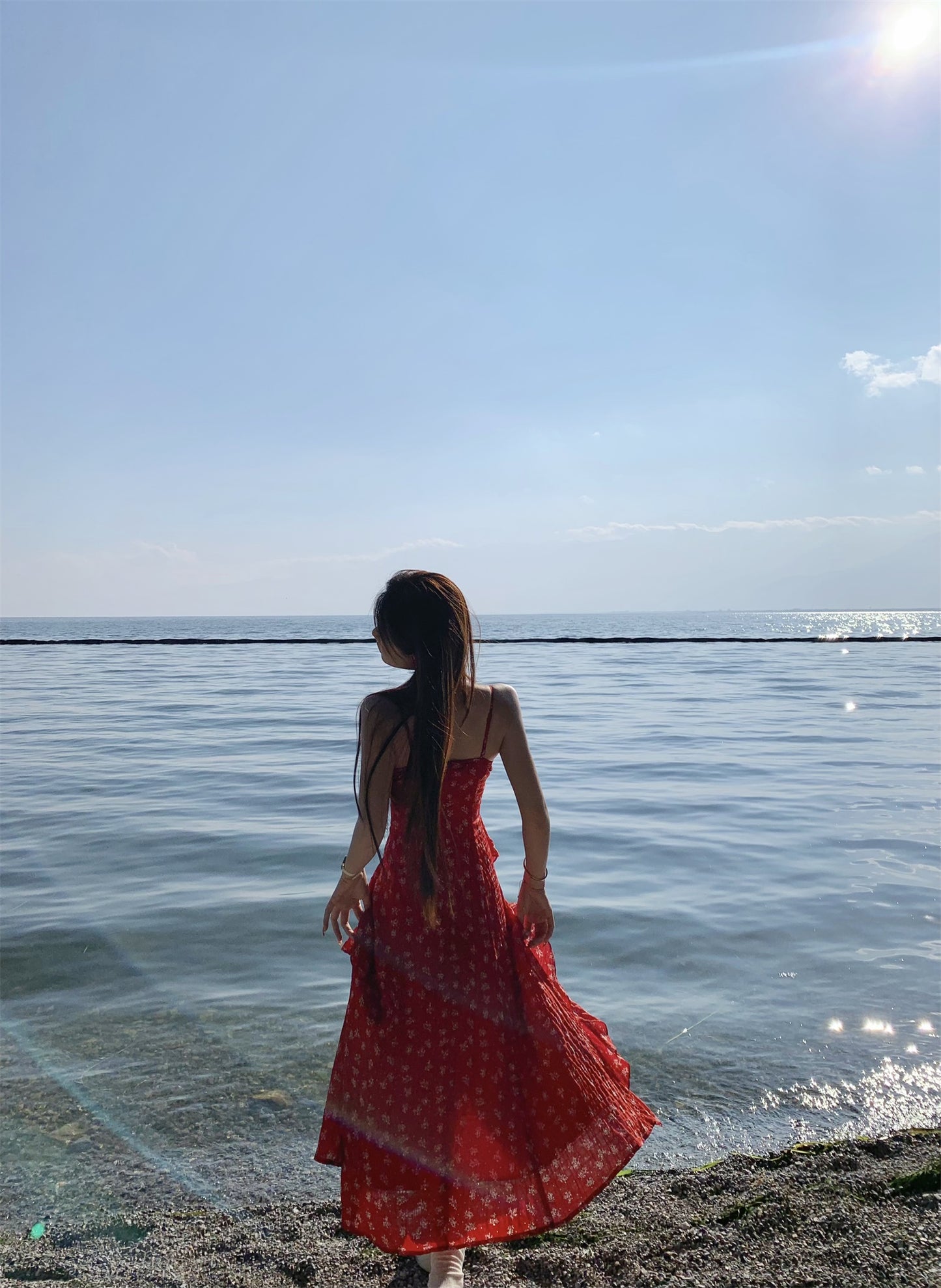 French style beautiful red suspender dress irregular slit long skirt R3865