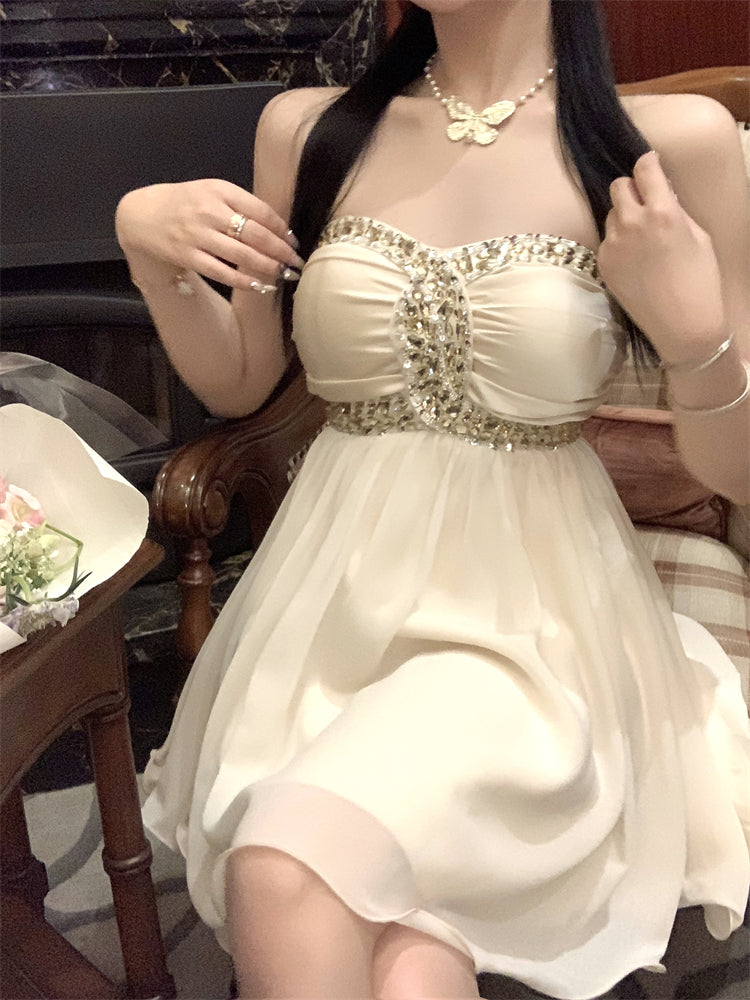 Sexy one-shoulder tube top dress with diamonds R0538