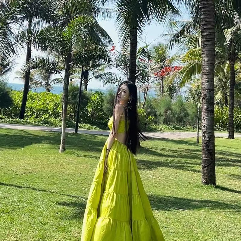 Travel suspenders with exposed waist dress, slim beach dress, holiday waist long skirt R1586