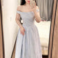 Blue jacquard suspender dress with a slender neckline and a fluffy long skirt. R0524