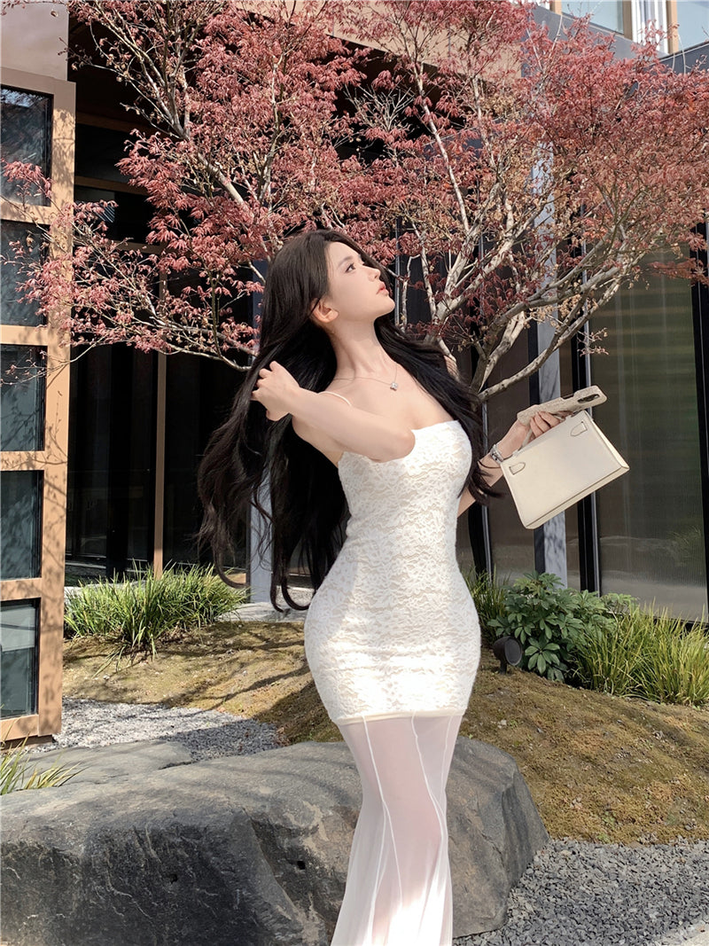 White lace suspender dress beautiful waist hip skirt R0526