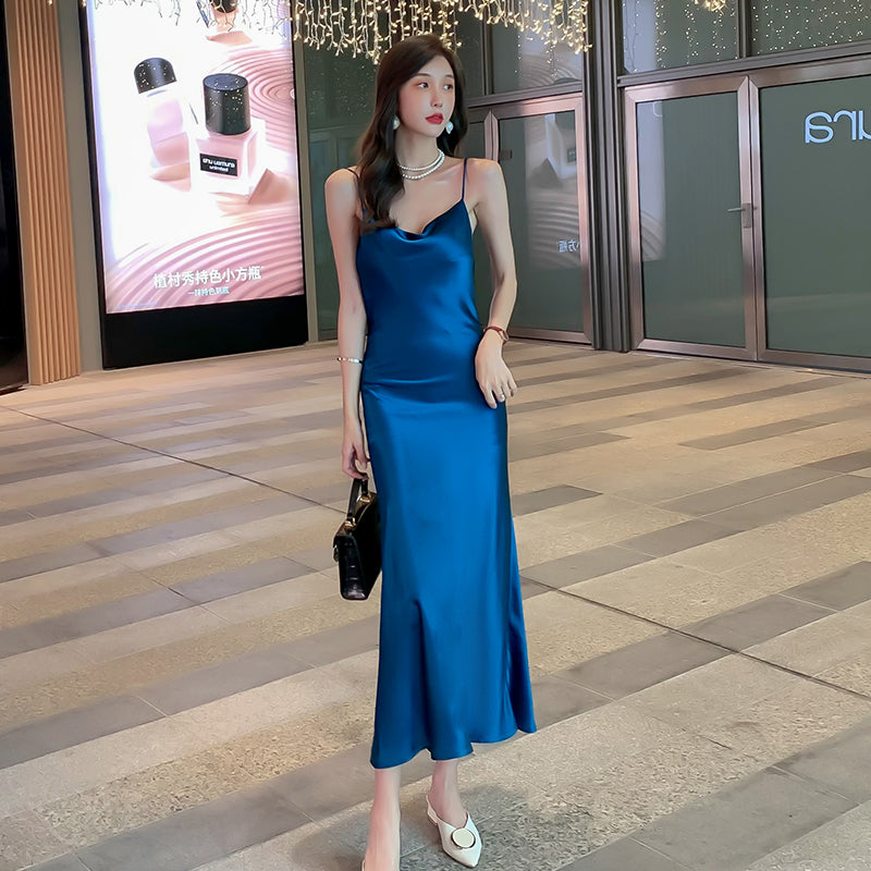 High-grade French suspender dress 25 new high-end silk satin blue temperament skirt slim fit R0988