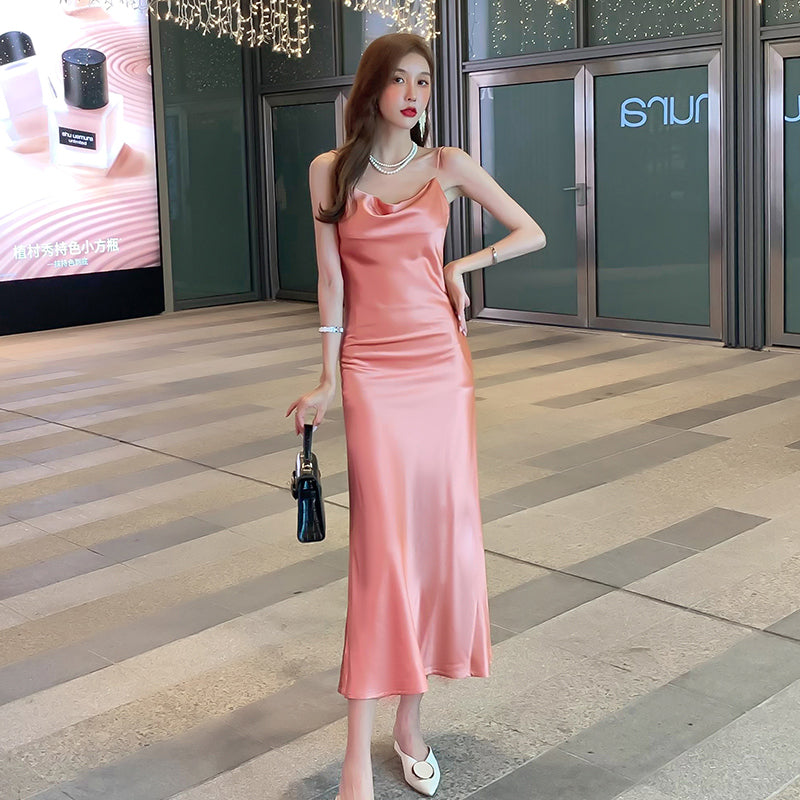 Silk suspender dress mid-length satin waist temperament inner wear bottoming long skirt R0994