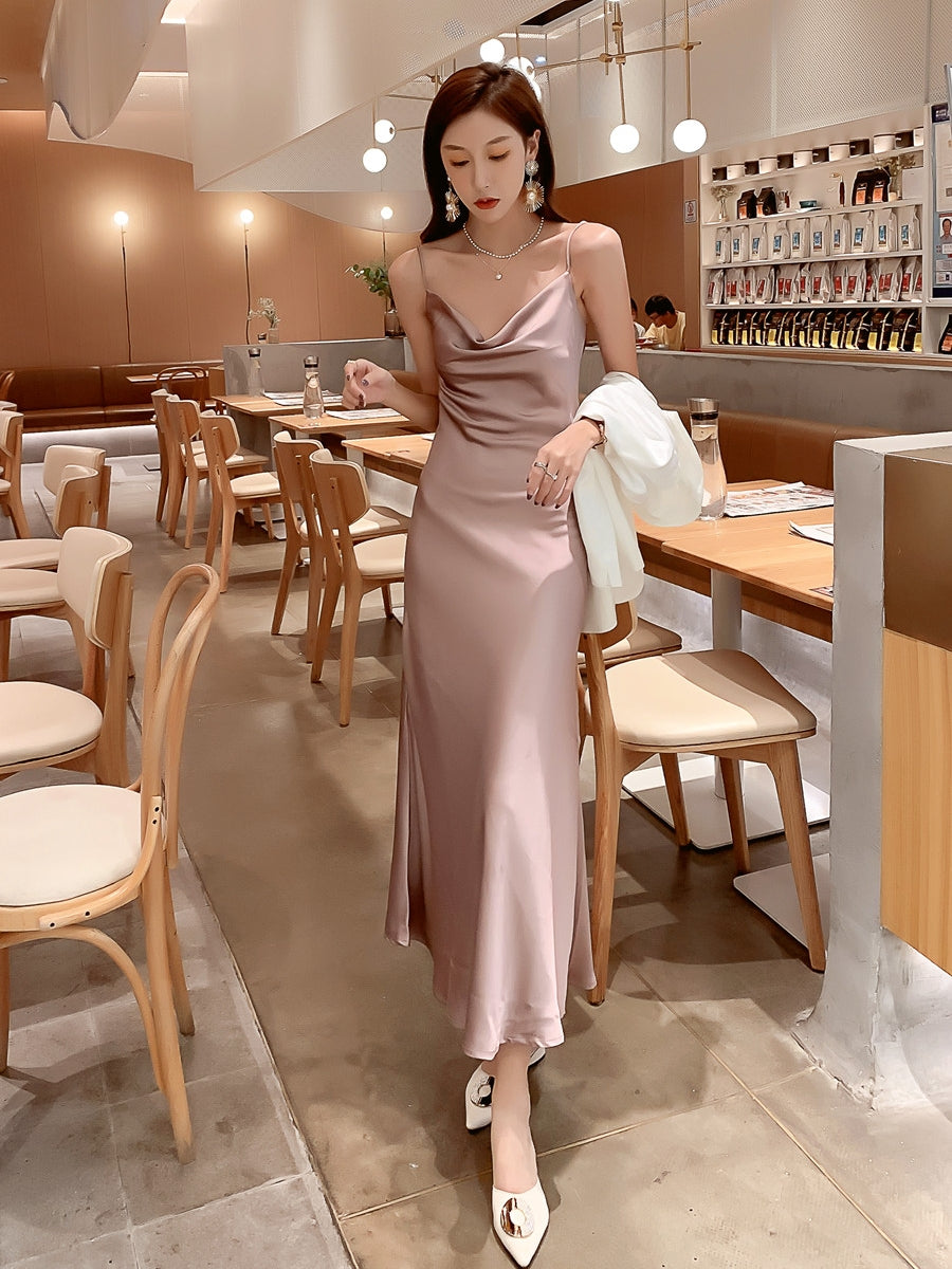 High-end acetate silk satin French suspender dress 2025 new style pink sway collar long dress R0989