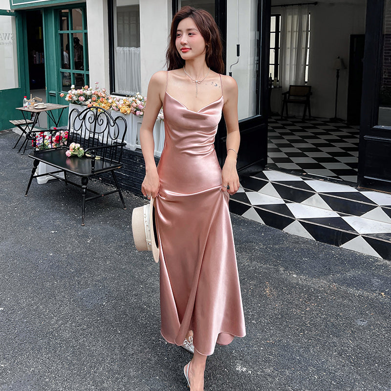 High-end acetate silk satin French suspender dress 2025 new pink long skirt R0993