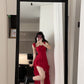 Retro red flower suspender dress irregular beautiful waist a-line beach dress R0697