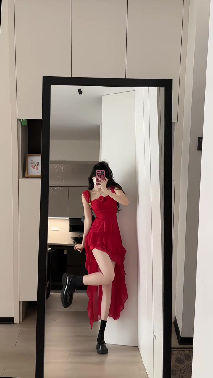 Retro red flower suspender dress irregular beautiful waist a-line beach dress R0697