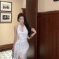 Irregular design white satin halter neck dress sexy backless slim temperament skirt R1811