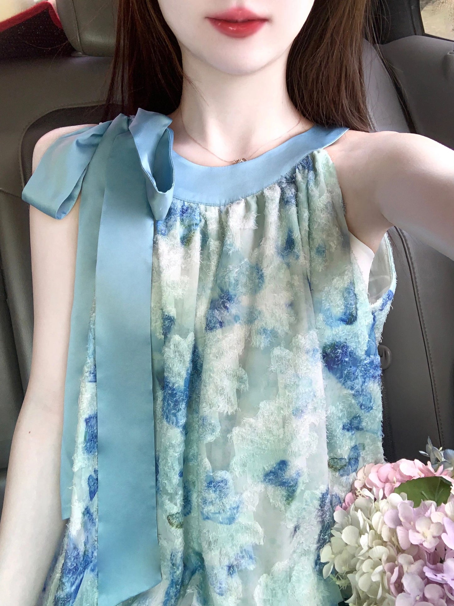 Butterfly floral lace-up halter neck dress gentle style temperament long skirt R0754