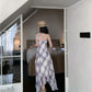 Gentle temperament purple plaid suspender dress beautiful waist A-line long skirt R0734