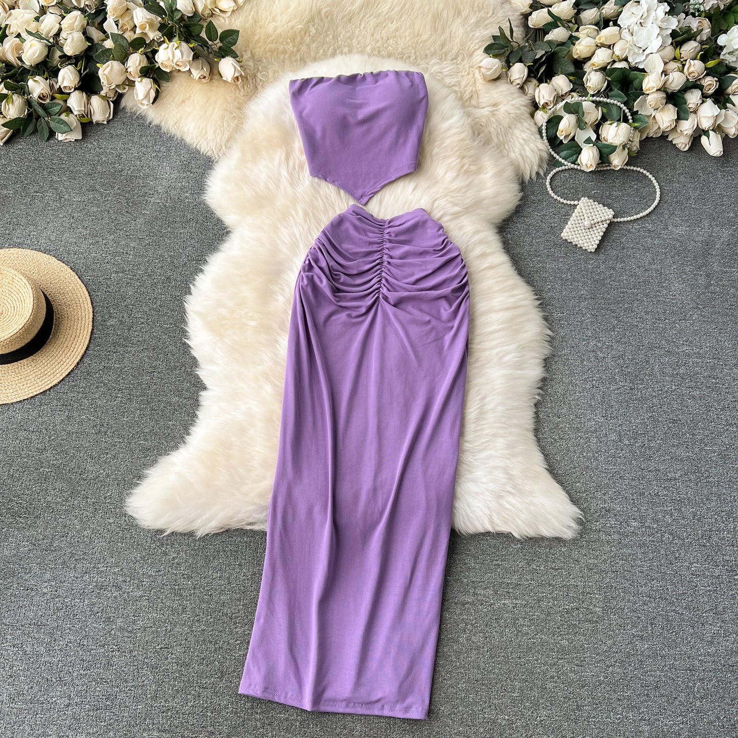 Hot girl style tube top short versatile pleated slim skirt fashionable two-piece skirt suit R2239