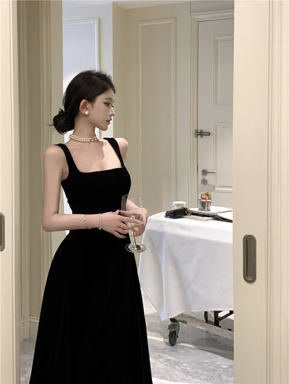 Square neck suspender dress temperament slim Hepburn style evening party black long dress R1484