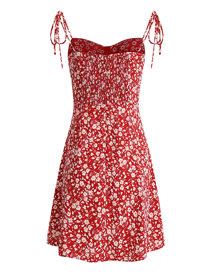 French holiday style short red 2025 new floral suspender dress R2646