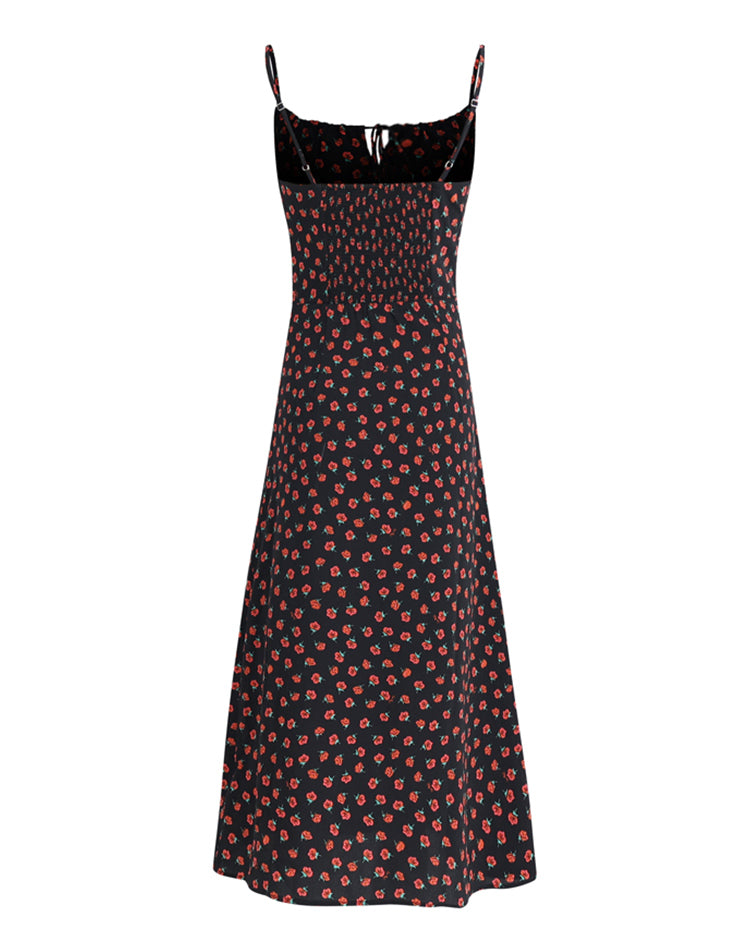 French holiday style long black 2025 new sling floral slim dress R2655