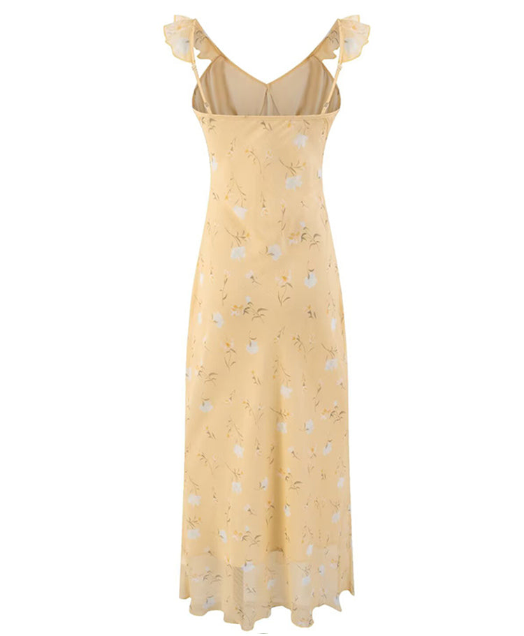 French holiday style yellow long floral sling waist slimming dress R2656