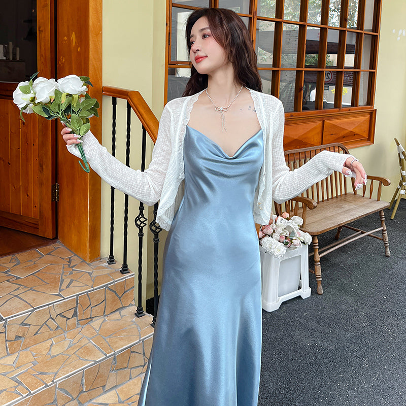 High-grade silk suspender dress for women, medium-length satin slim-fitting maxi dress R0981