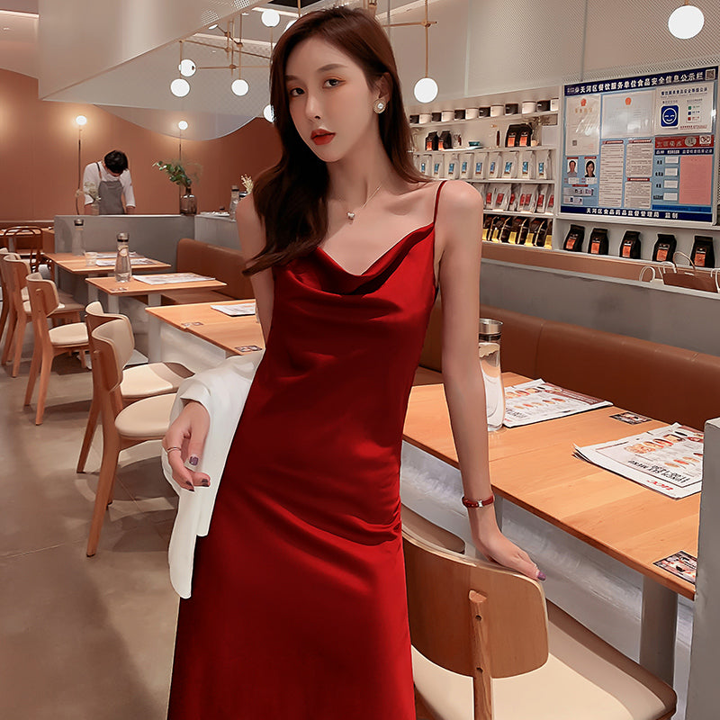 High-grade silk suspender dress with medium-length satin acetate for slimming R0983