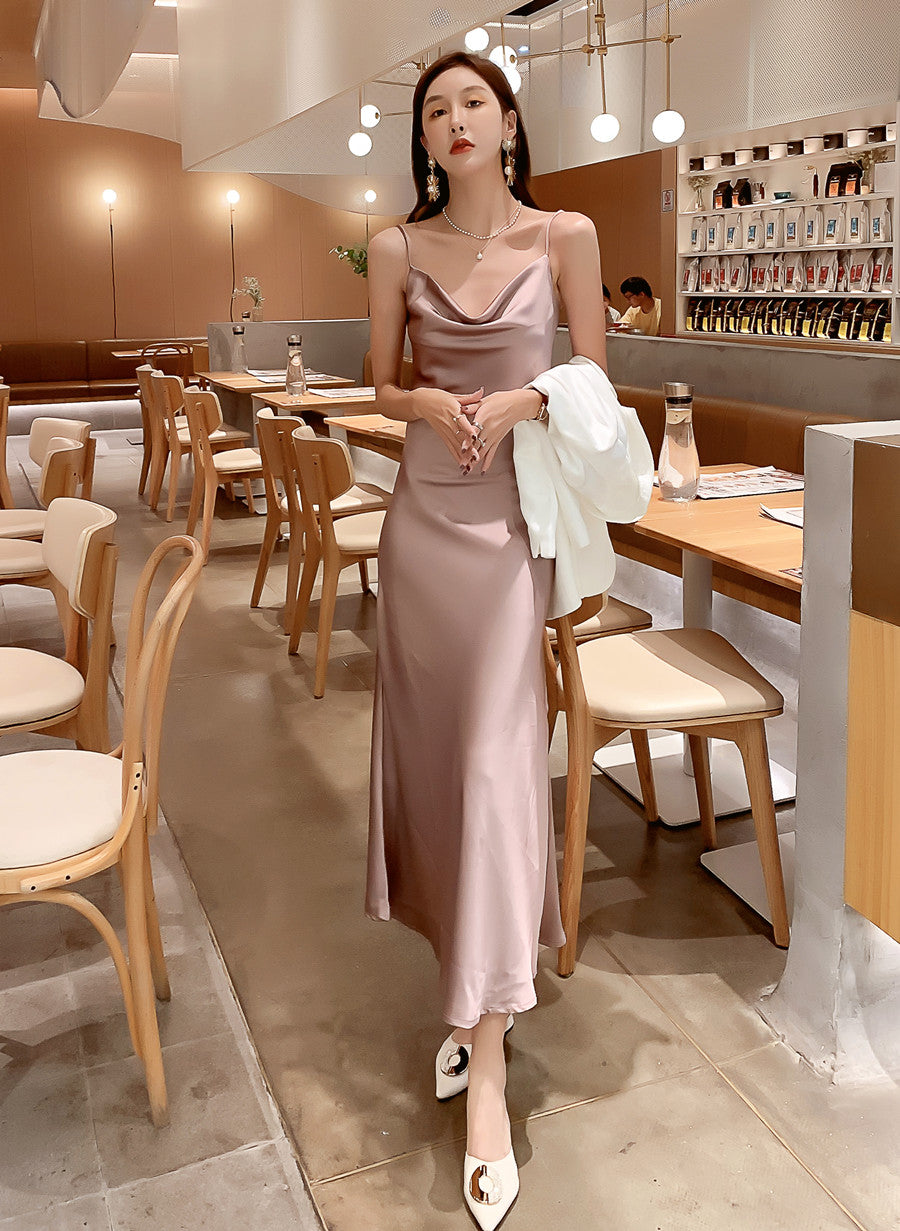 High-end acetate silk satin French suspender dress 2025 new style pink sway collar long dress R0989