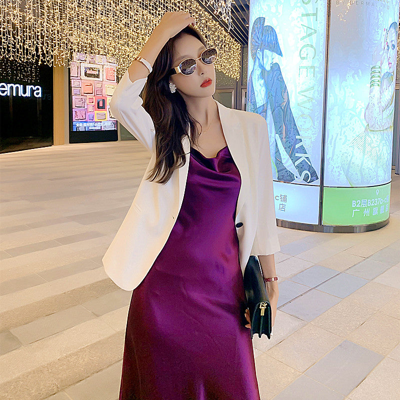 High-grade purple silk suspender dress with medium-length satin inner wear for slimming R0985