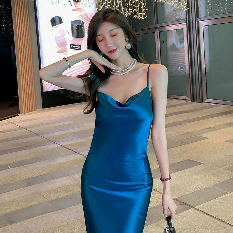 High-grade French suspender dress 25 new high-end silk satin blue temperament skirt slim fit R0988