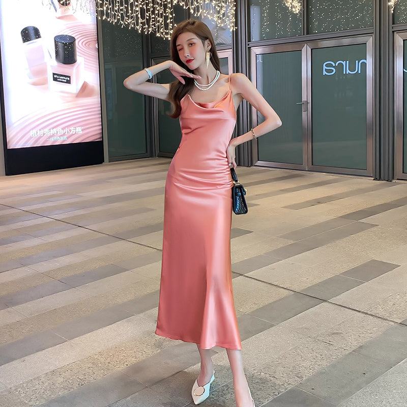 Silk suspender dress mid-length satin waist temperament inner wear bottoming long skirt R0994
