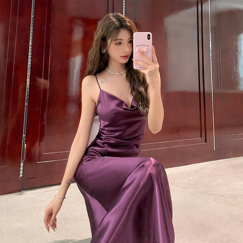 French satin suspender dress Hepburn long skirt with base purple A-line slim vest skirt R0984