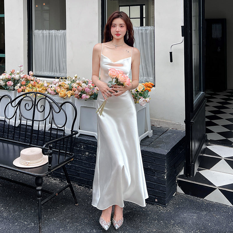 High-grade acetate silk satin white suspender dress mid-length bottoming skirt inner wear R0982