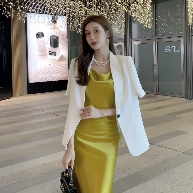 High-end French dress sexy silk satin sway collar niche design pure desire suspender skirt R0992