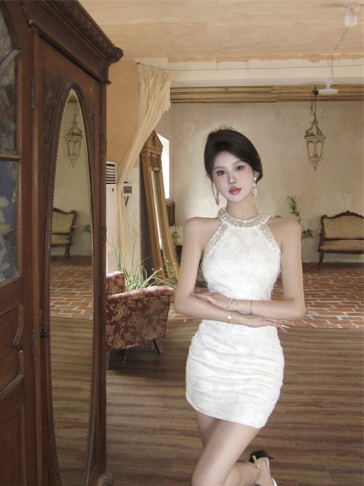 Birthday party small dress skirt high-end temperament heavy sequin halter neck dress R1768