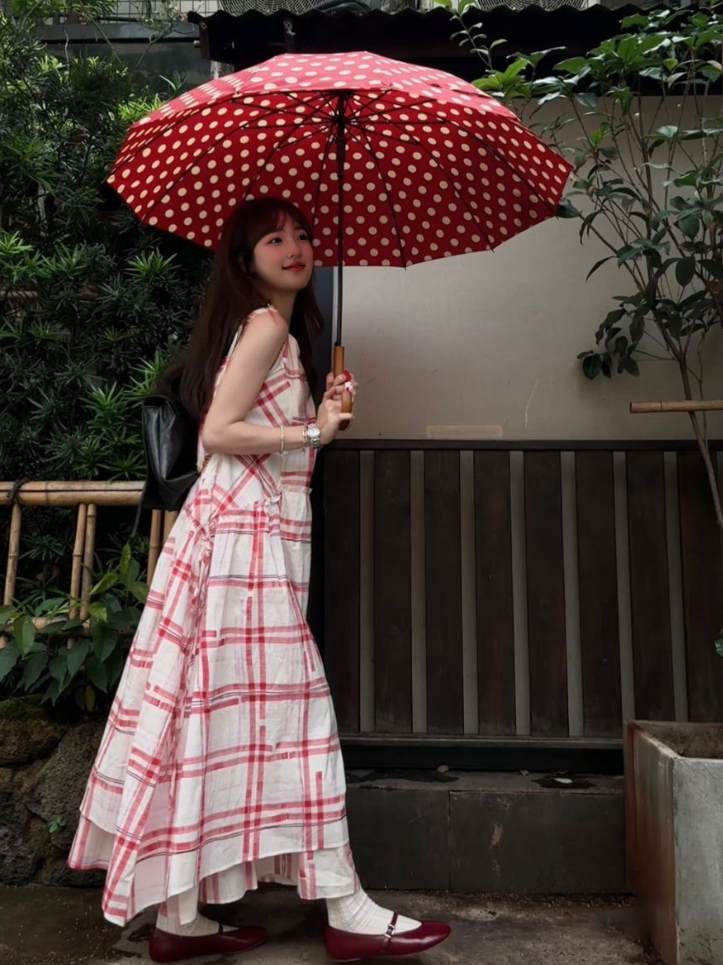 Pink plaid sleeveless dress beautiful age-reducing loose A-line vest dress R0585