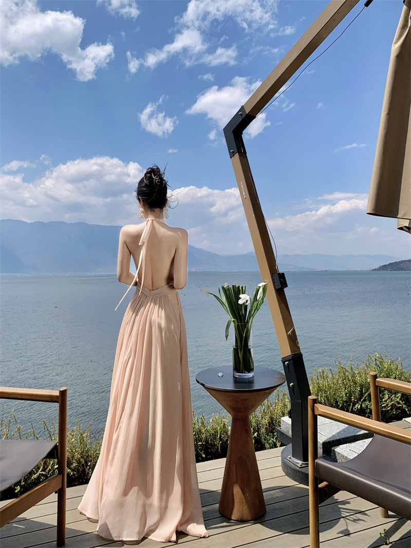 Gentle temperament V-neck halter dress unique waist A-line beach dress R0576