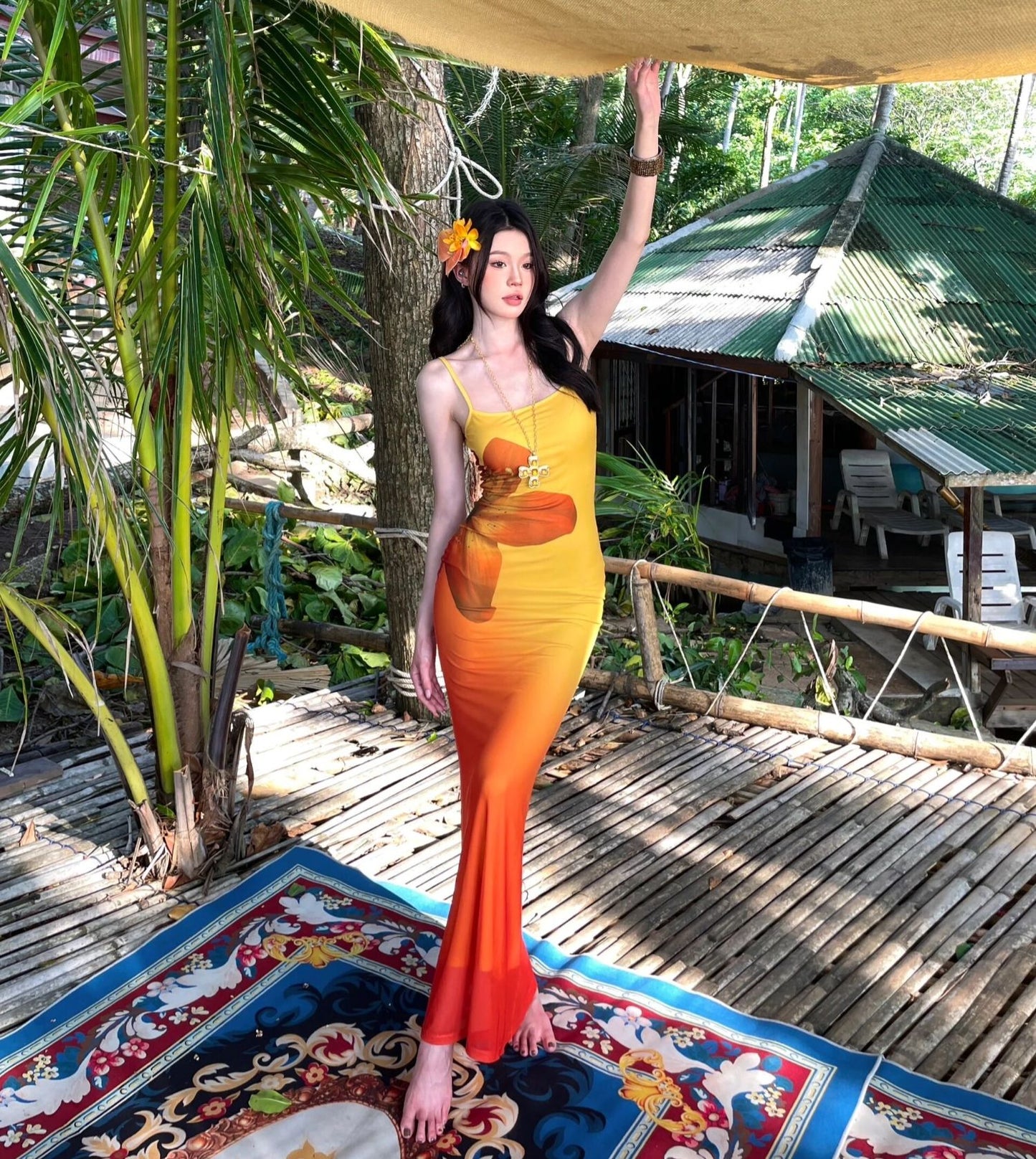 Gradient color tight figure-hugging dress long hip skirt slim sexy suspender long skirt R1590