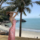 Travel wear printed deep v suspender dress sexy backless beach dress R1596