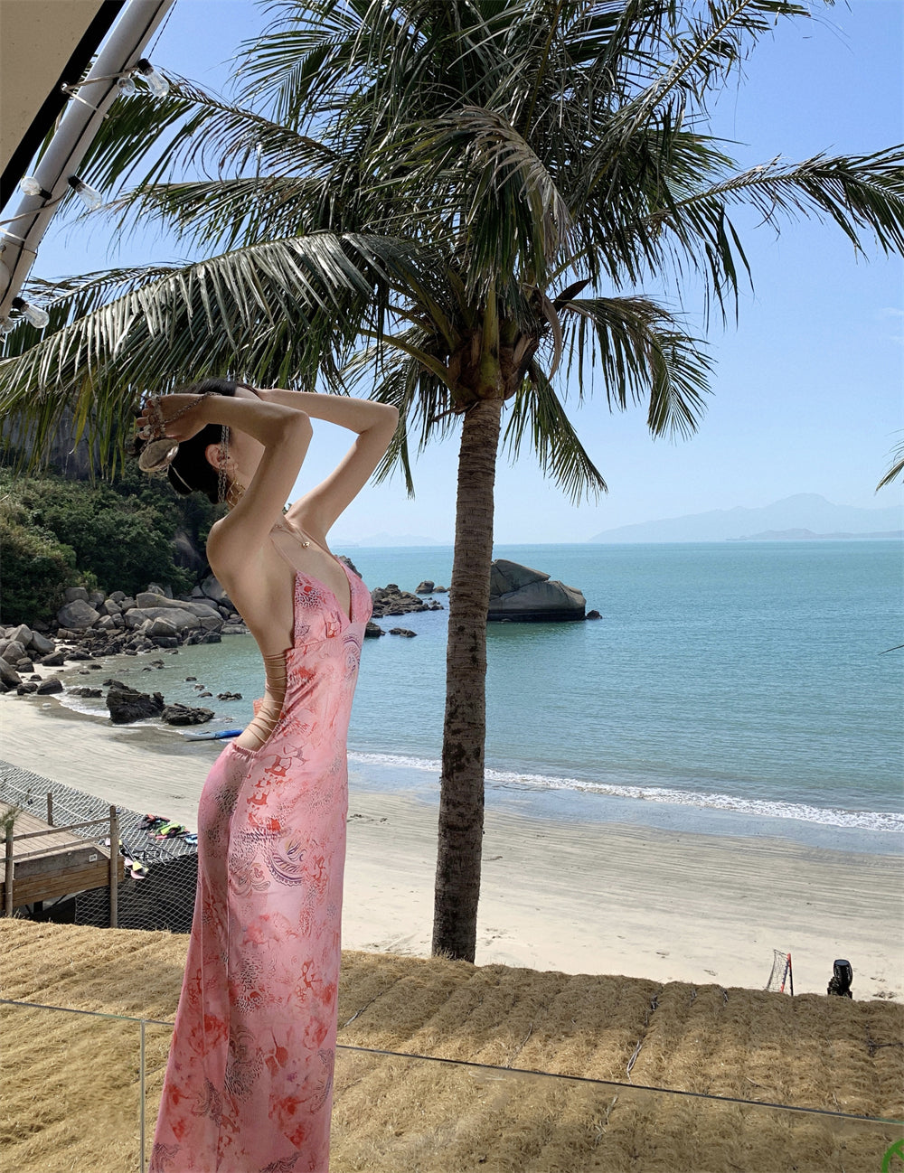 Travel wear printed deep v suspender dress sexy backless beach dress R1596