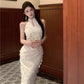 New Chinese cheongsam young style sleeveless halter neck dress 2025 new R1802