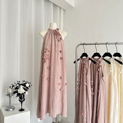 French style elegant flower halter dress pleated A-line loose slim long skirt R1998