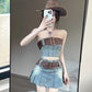 Colorblock retro chic collarbone exposed denim tube top vest high waist slim skirt Hong Kong style suit R3710