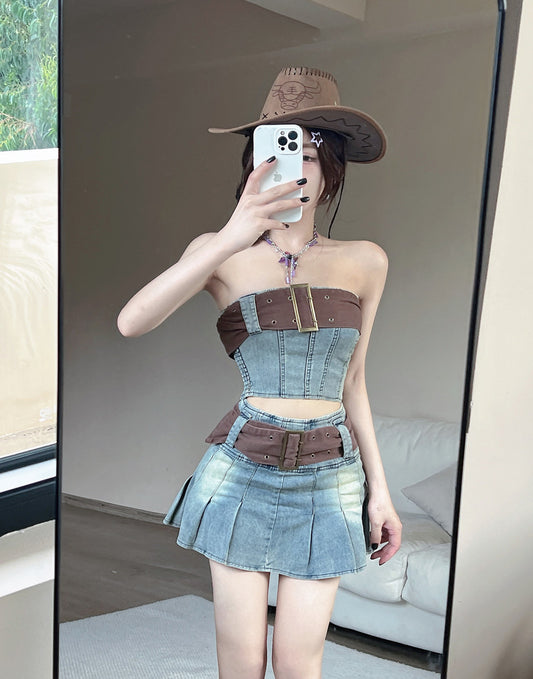 Colorblock retro chic collarbone exposed denim tube top vest high waist slim skirt Hong Kong style suit R3710