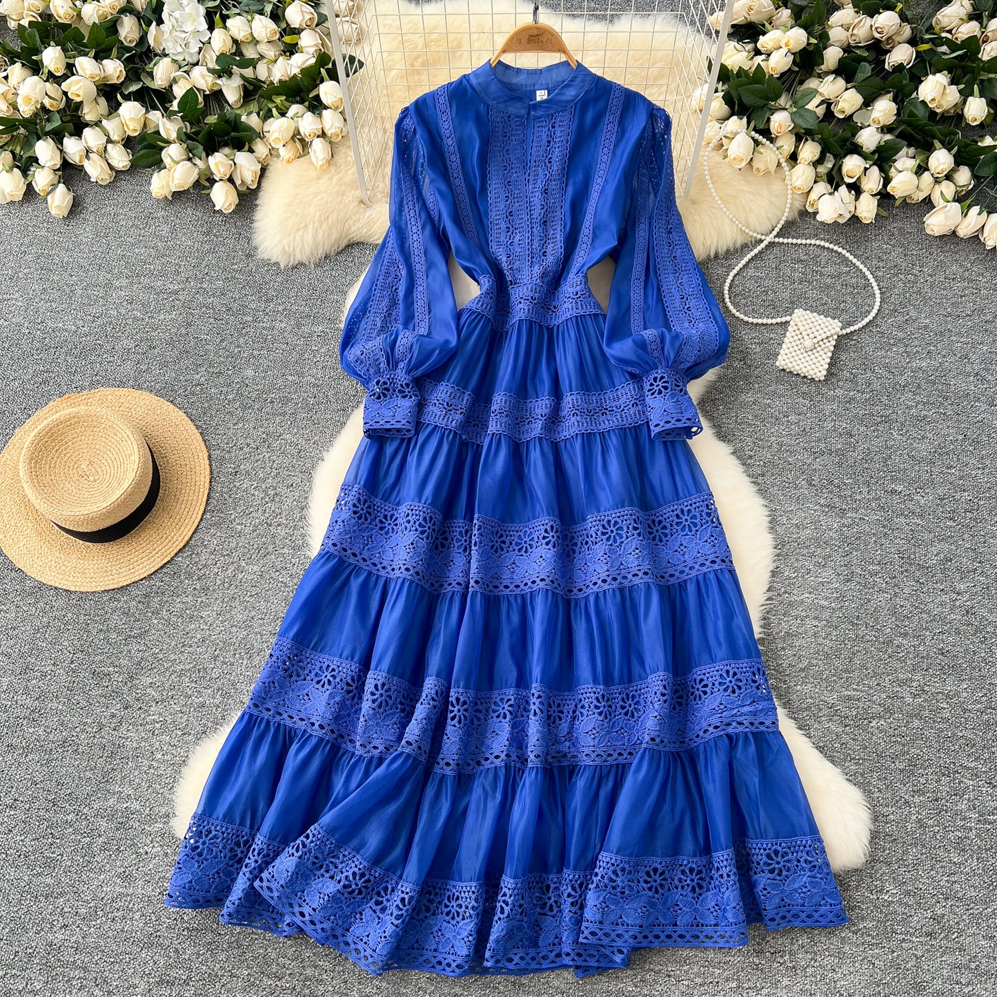 French retro lace splicing lantern sleeve dress waist slimming elegant long skirt R2225