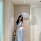 Holiday style blue lace halter neck dress gentle temperament waist A-line long skirt R0883