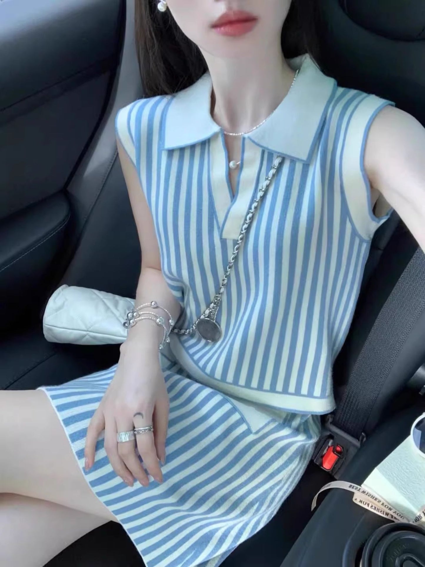 Polo collar striped knitted top skirt salty mature two-piece suit women's new R0884