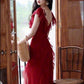 Retro red one-shoulder suspender dress high-end temperament beach dress R0774