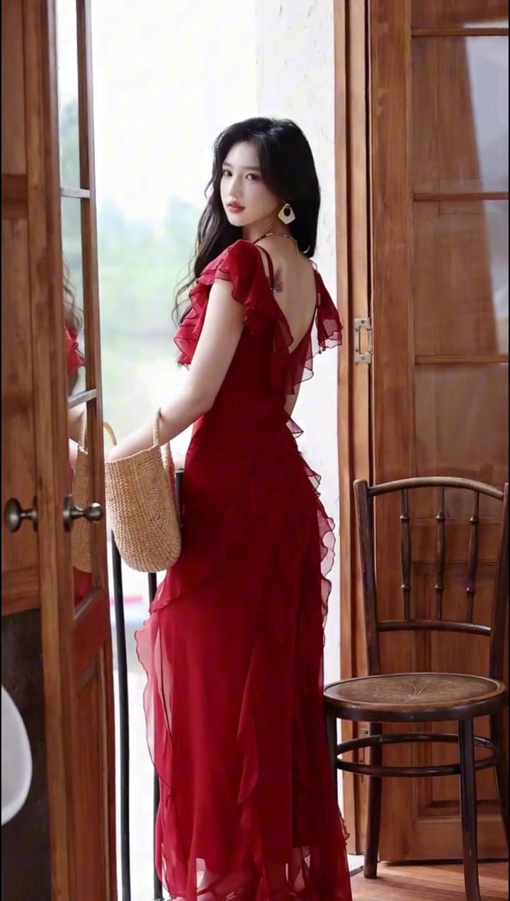 Retro red one-shoulder suspender dress high-end temperament beach dress R0774