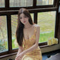 Yellow floral suspender dress with gentle temperament and slim waist R0604