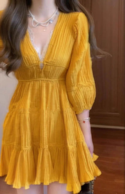 Yellow v-neck dress new style seaside holiday temperament waist a-line skirt R0678