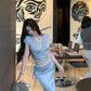 A blue V-neck short-sleeved top and skirt with a sense of luxury R0841