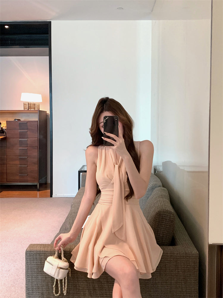 Pink V-neck sleeveless vest dress gentle temperament waist A-line short skirt R0844