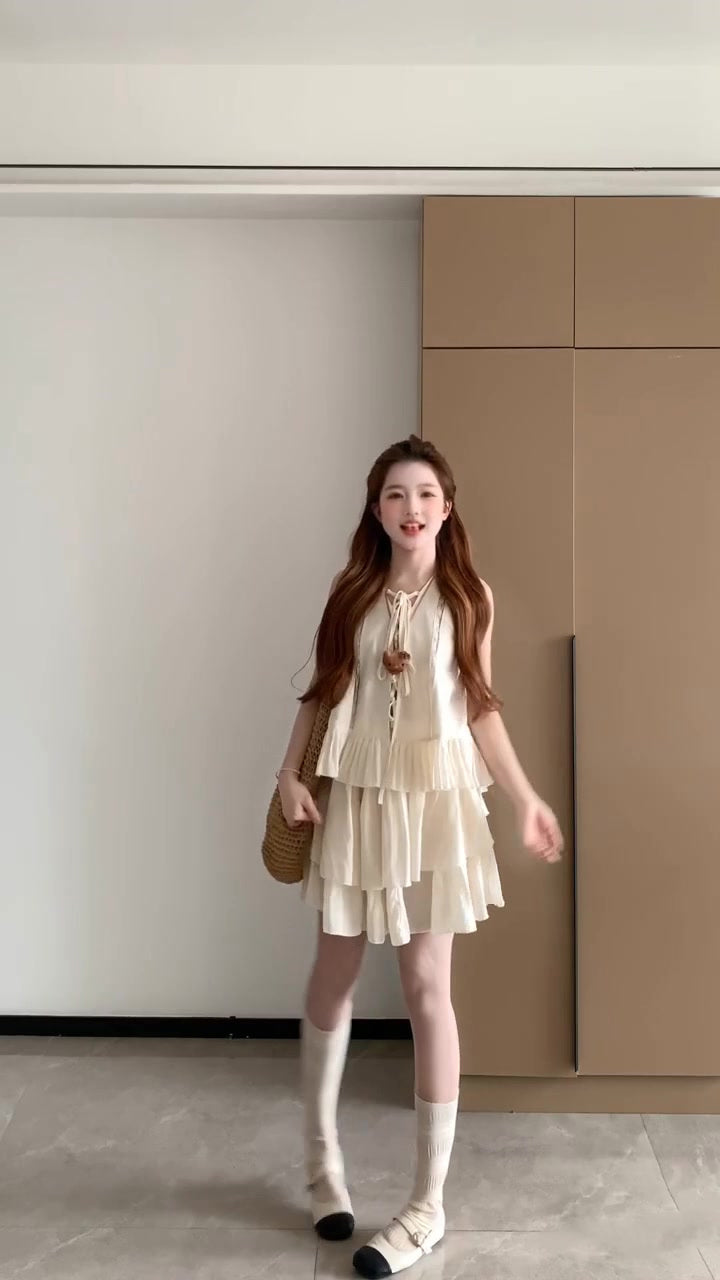 Holiday style outfit suit casual fashion sleeveless vest a-line short skirt two-piece suit 2025 R0839