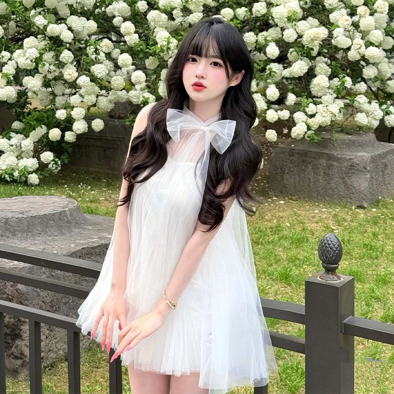Gentle and sweet style white mesh sleeveless dress beautiful loose A-line short skirt R0801